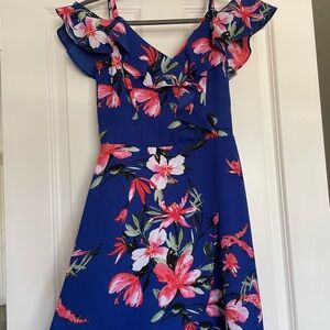 XS off the shoulder teen dress blue high-low.